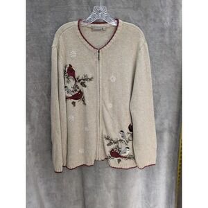 Grandmacore Cardinal Winter Zip Sweater Women 2X Beige Bird Embroidery Knit